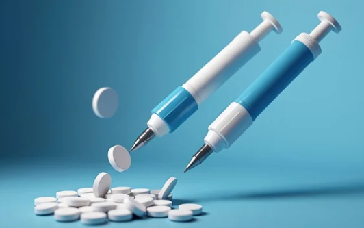 NAD injections vs pills comparison showing injectable NAD vial next to oral NAD supplement capsules