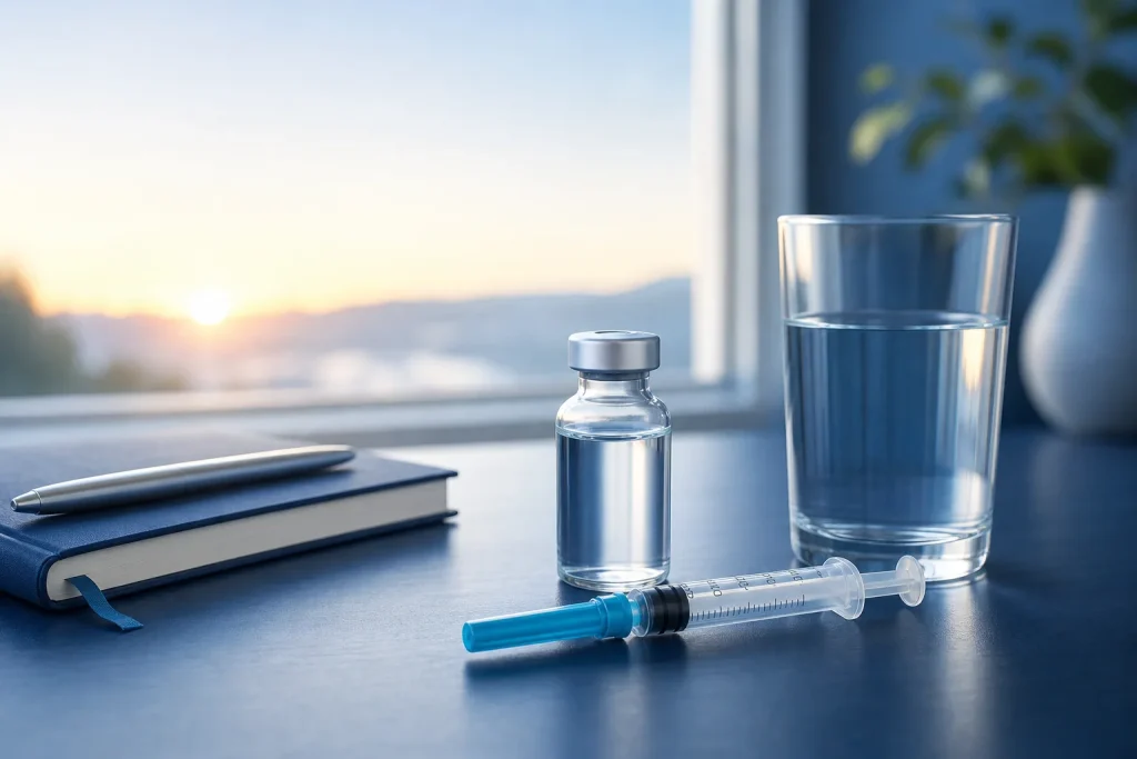NAD injection benefits guide with generic vial, capped syringe, wellness journal, and water