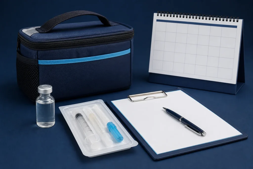 NAD injection cost factors including generic vial, injection supplies, delivery pouch, consultation form, and calendar