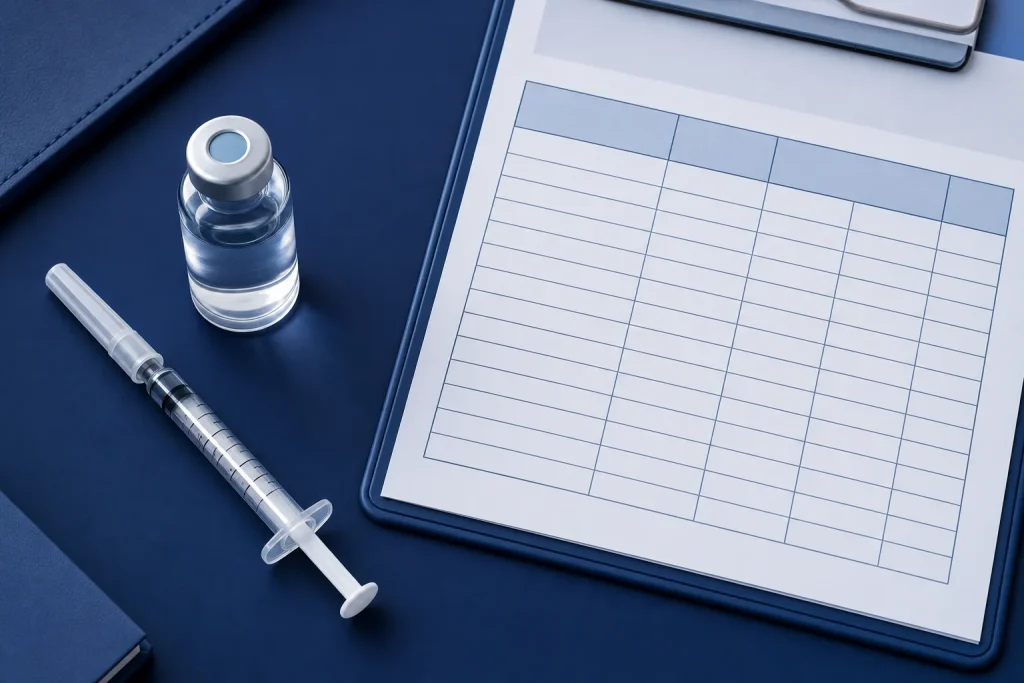 NAD injection dosage chart with generic vial, capped syringe, and blank concentration and volume worksheet