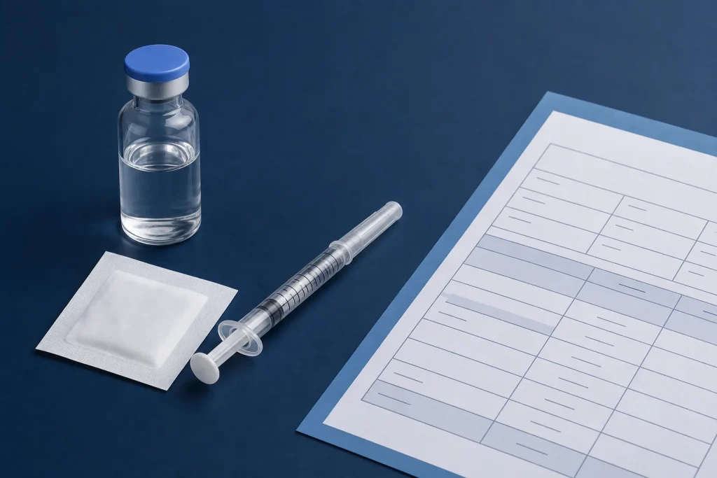 NAD injection dosage guide with generic vial, capped syringe, alcohol pad, and dosing worksheet