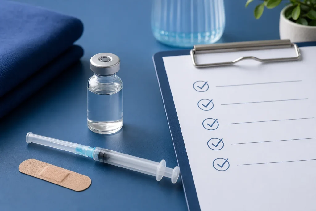 NAD injection safety checklist with generic vial, capped syringe, bandage, and medical review form