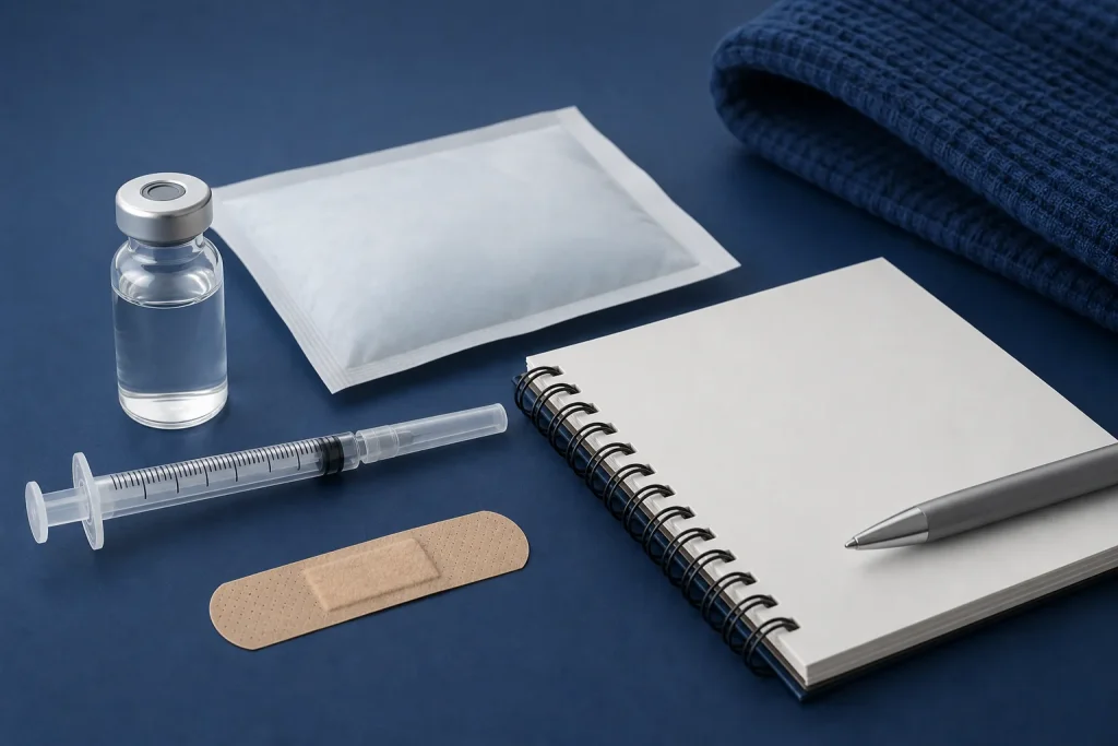NAD injection side effects monitoring supplies with generic vial, capped syringe, cold pack, bandage, and symptom journal
