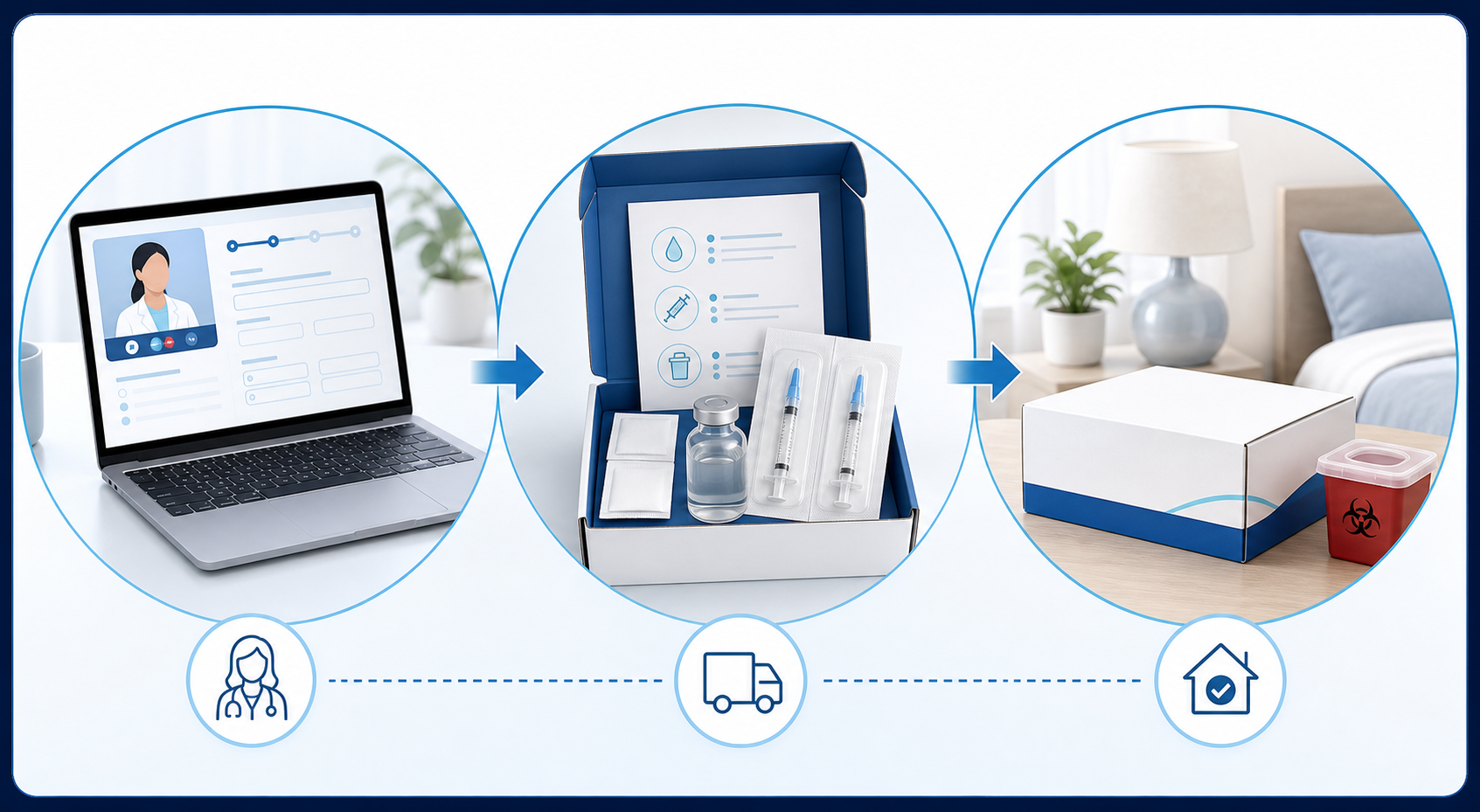 NAD injections at home process showing online medical evaluation, prescription fulfillment, delivery, and responsible home storage