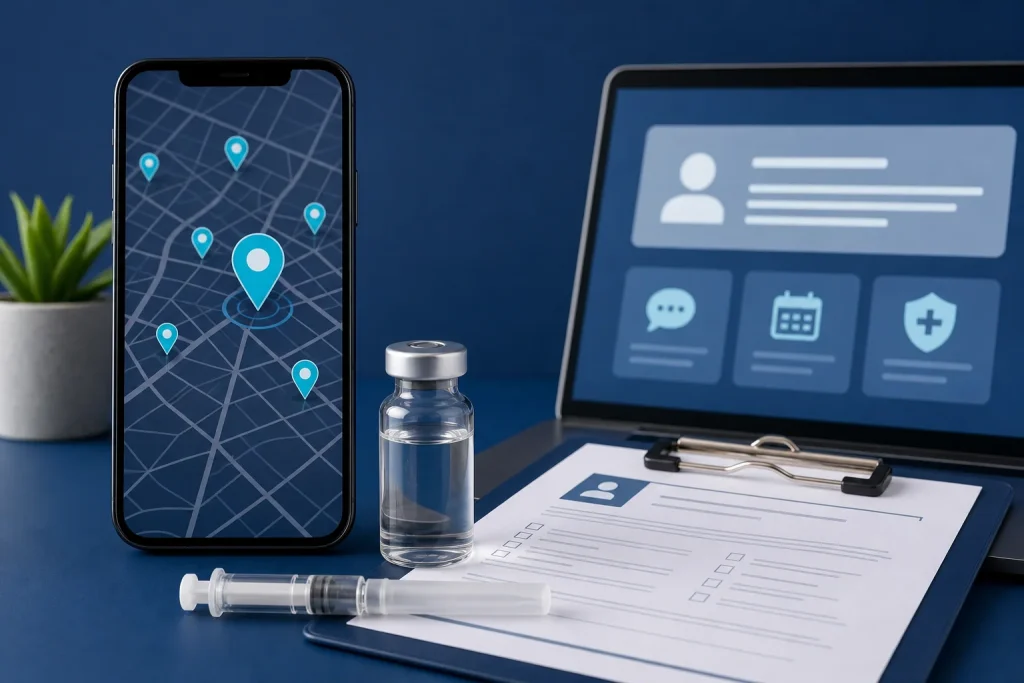 NAD injections near me provider search with generic map, medical intake form, vial, and capped syringe