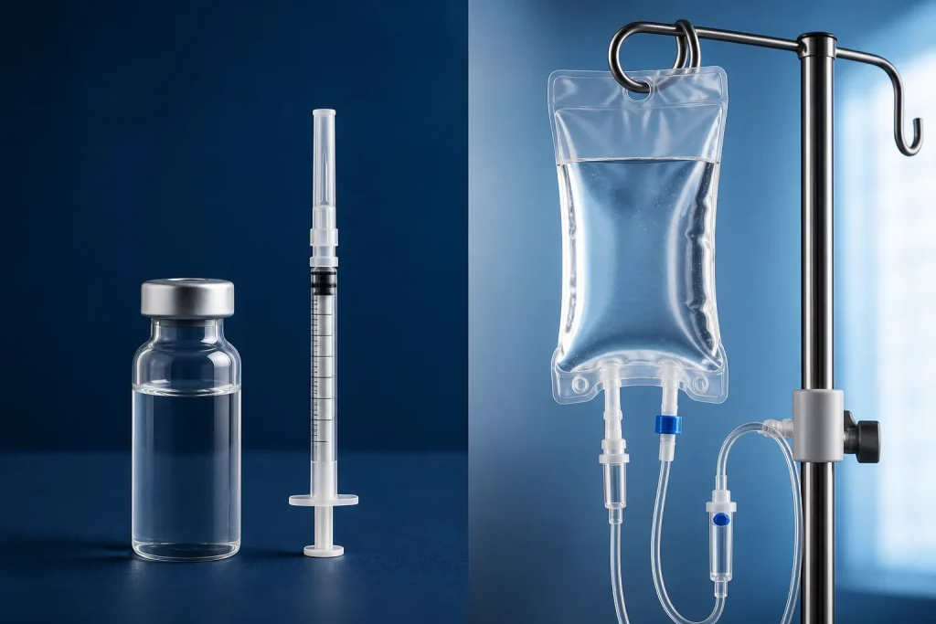 NAD injections vs IV therapy comparison showing a generic vial and syringe beside an IV infusion bag