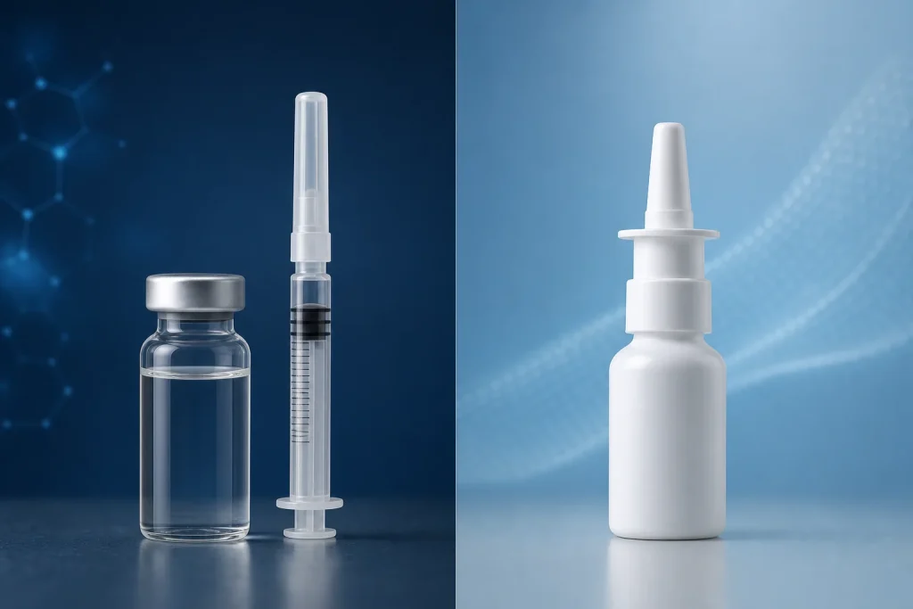 NAD injections vs nasal spray comparison with generic vial and capped syringe beside an unbranded nasal spray bottle