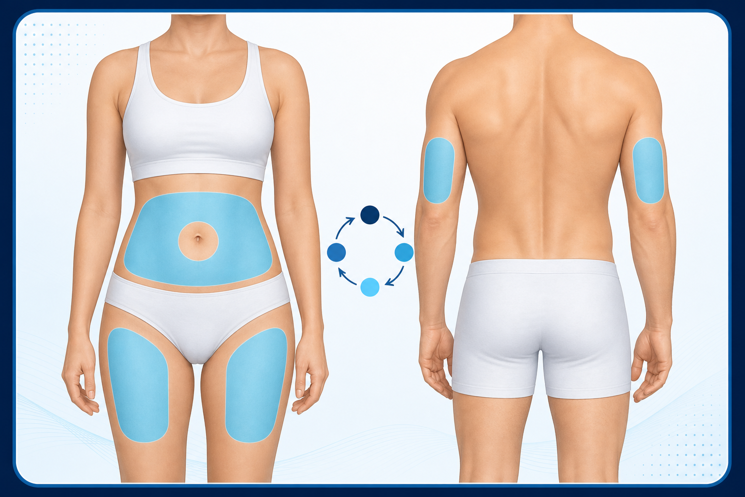 NAD subcutaneous injection sites showing abdomen, outer thighs, and back of upper arms for site rotation